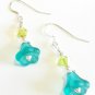 Aqua Blue Flower Bead Dangle Earrings, Lime Green Faceted Crystal Earrings