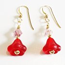 Red Flower Dangle Earrings, Crystal Beaded Earrings, Handmade Glass Bead Jewelry