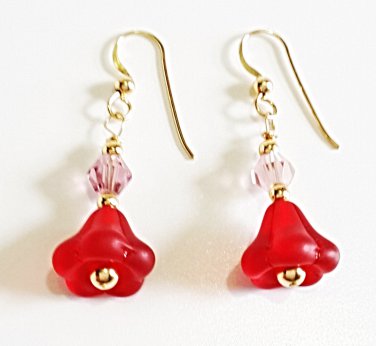 Red Flower Dangle Earrings, Crystal Beaded Earrings, Handmade Glass Bead Jewelry