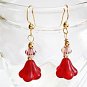 Red Flower Dangle Earrings, Crystal Beaded Earrings, Handmade Glass Bead Jewelry