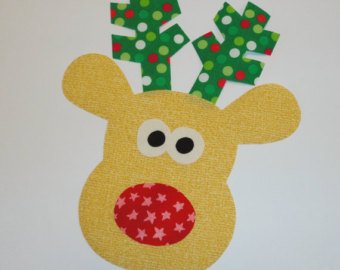 Iron On Christmas Applique LITTLE REINDEER With Green Holiday Polka Dot Antlers Red Star Nose