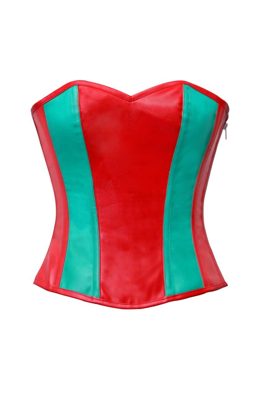 Red & Green Leather Zipper Gothic Steampunk Bustier Waist Training Overbust Corset Costume