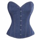 Blue Denim Goth Burlesque Bustier Waist Training Basque Overbust Corset Costume