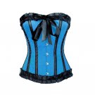 Blue Satin Black Frill Retro Burlesque Waist Cincher Bustier Overbust Corset Top