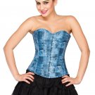 Blue Denim Print Leather Gothic Steampunk Overbust & Net Tutu Skirt Corset Dress