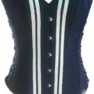 Blue Denim White Strips Black Lace Gothic Waist Training Bustier Overbust Corset