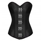 Black Satin Silver Seal Lock Waist Training Bustier LONG Overbust Corset Costume