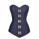 Blue Denim Gothic Steampunk Bustier Waist Training LONG Overbust Corset Costume
