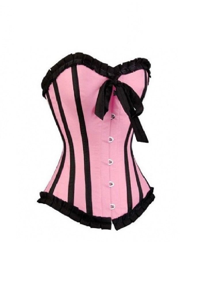 Pink Satin Black Frill Retro Burlesque Waist Cincher Bustier Overbust Corset Top 