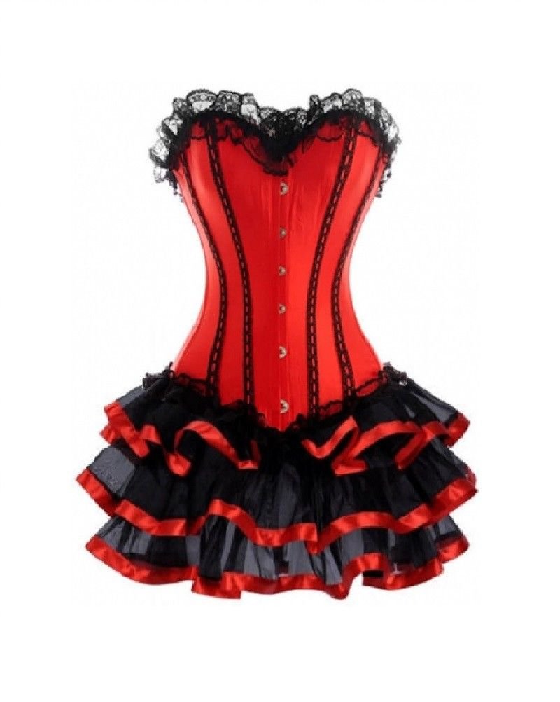 Red Satin Black Frill Tutu Skirt Burlesque Costume Overbust Corset