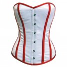 White Satin Red Strips Burlesque Waist Training Bustier Overbust Corset Costume