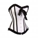 White Satin Black Frills Retro Burlesque Waist Training Bustier Overbust Corset