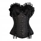Black Satin Frill N Lace Burlesque Waist Cincher Bustier Overbust Corset Costume