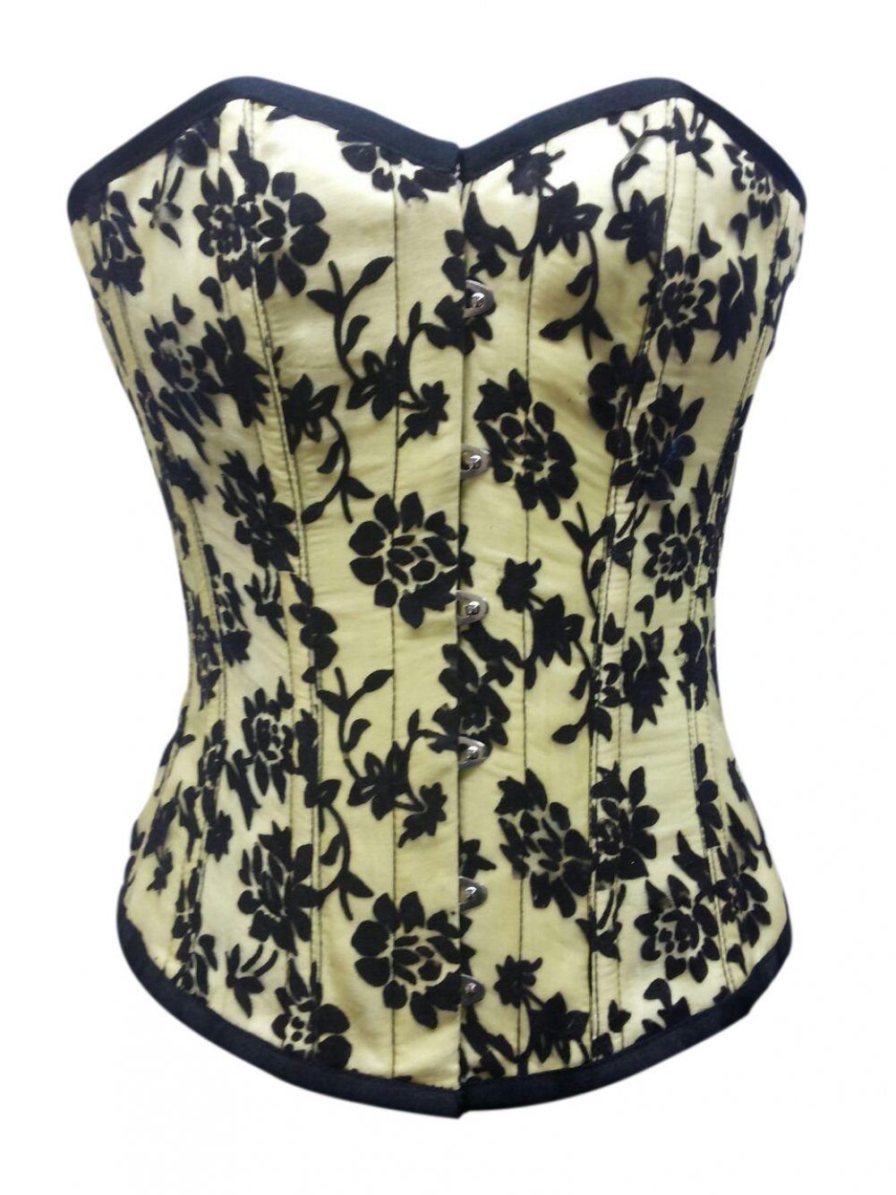 Yellow Satin Black Tissue Flocking Burlesque Waist Cincher Overbust Corset Top