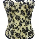 Yellow Satin Black Tissue Flocking Burlesque Waist Cincher Overbust Corset Top