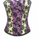 Purple & Yellow Satin Black Tissue Flocking Waist Cincher Basque Overbust Corset
