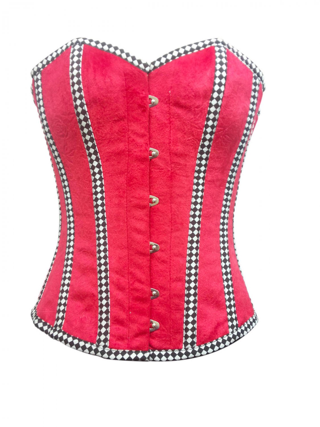 Red Velvet Check Strips Gothic Burlesque Waist Training Bustier Overbust Corset