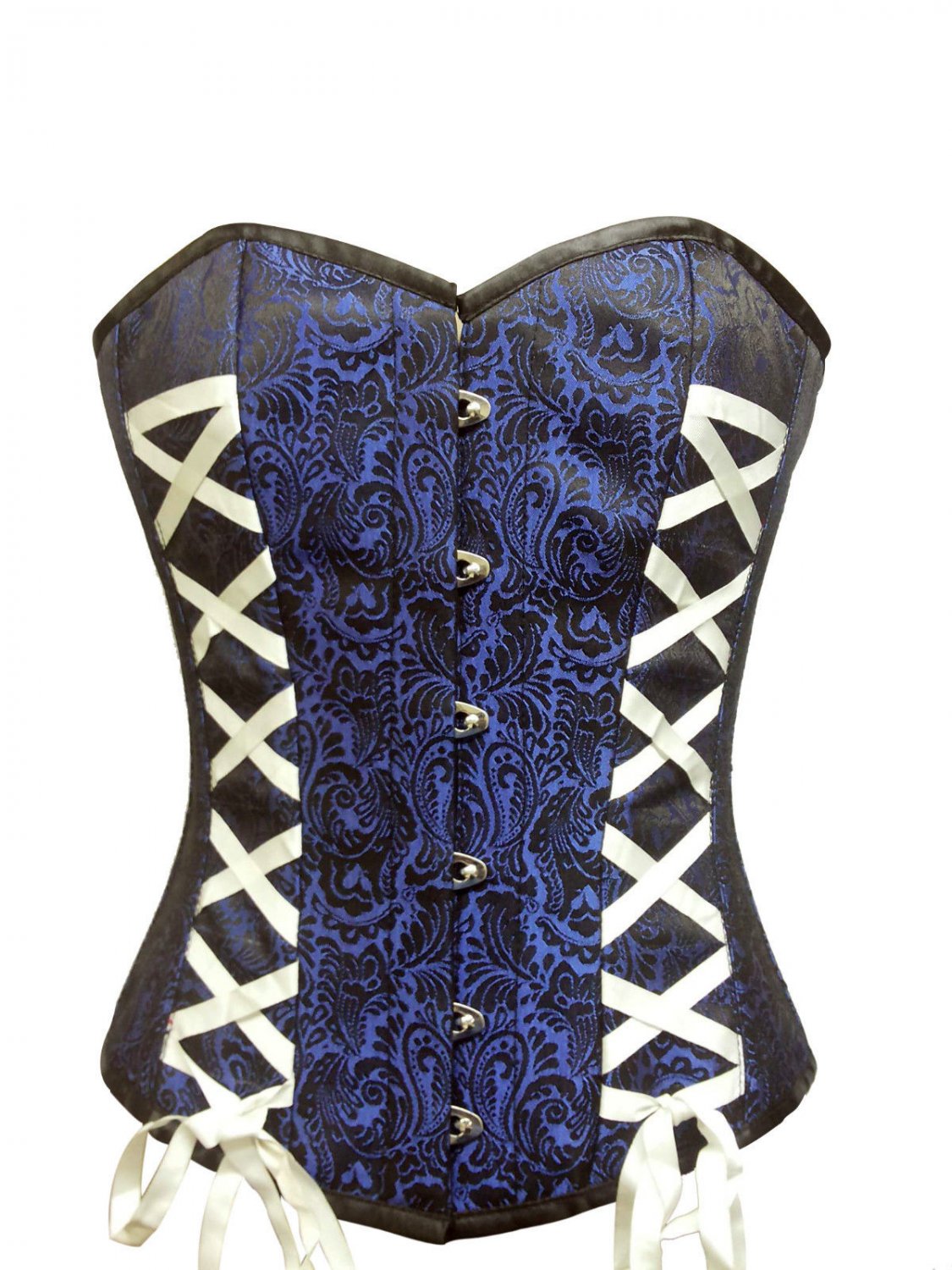 Blue Black Brocade White Lace Goth Burlesque Waist Training Overbust Corset Top