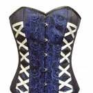Blue Black Brocade White Lace Goth Burlesque Waist Training Overbust Corset Top