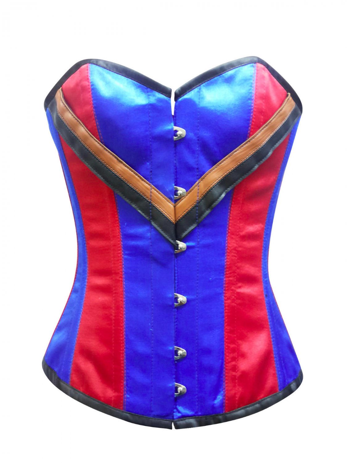 Red Blue Satin Brown Black Leather Strip Waist Training Overbust Corset Costume