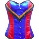 Red Blue Satin Brown Black Leather Strip Waist Training Overbust Corset Costume
