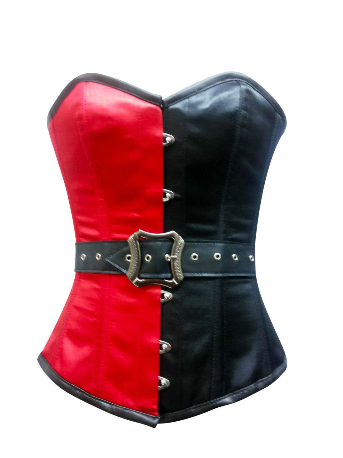Red Black Satin Black Leather Belt Waist Cincher Bustier Overbust Corset Costume
