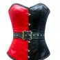 Red Black Satin Black Leather Belt Waist Cincher Bustier Overbust Corset Costume