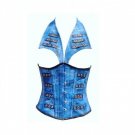 Blue Denim Print Faux Leather & Collar Waist Training Underbust Corset Costume