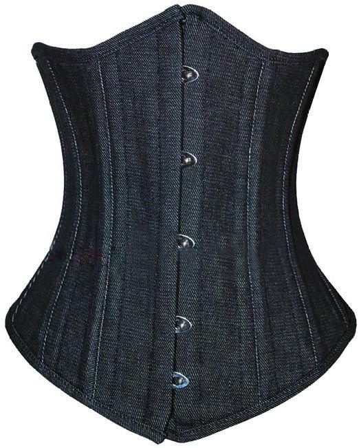 Black Denim Gothic Burlesque Double Bone Waist Training Bustier Underbust Corset
