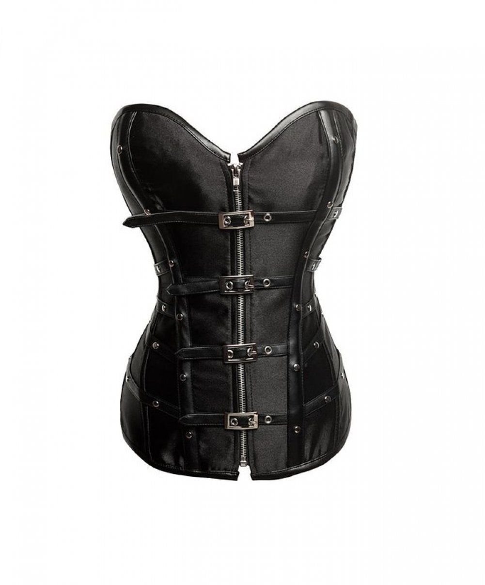Black Satin Leather Strips Gothic Steampunk Waist Training LONG Overbust Corset