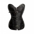 Black Satin Leather Strips Gothic Steampunk Waist Training LONG Overbust Corset
