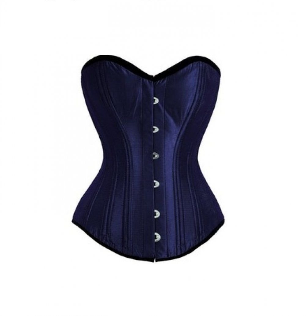 Blue Satin Double Bone Goth Burlesque Waist Training Bustier Overbust Corset Top
