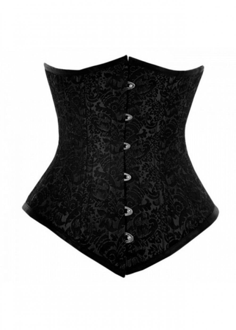 Black Silver Brocade Gothic Burlesque Double Bone Bustier LONG Underbust Corset