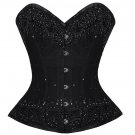 Black Satin Handmade Sequins Goth Burlesque Waist Cincher Basque Overbust Corset