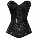 Black Satin & Leather Gothic Steampunk Waist Cincher Bustier Overbust Corset Top