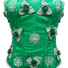 Green Satin Handmade Floral Sequins Goth Burlesque Waist Cincher Overbust Corset