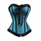 Blue Satin Black Frill Retro Burlesque Waist Training Bustier Overbust Corset