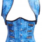 Blue Denim Print Faux Leather & Shrug Waist Training Underbust Corset Costume