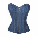 Blue Denim Gothic Steampunk Waist Cincher Bustier Overbust Basque Corset Costume