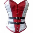 Red White Satin Black Leather Belts Steampunk Waist Cincher Overbust Corset Top