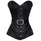 Black Satin & Leather Goth Steampunk Waist Cincher Bustier LONG Overbust Corset