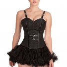 Black Brocade Leather Straps Goth Bustier Halloween Costume Overbust Corset Top
