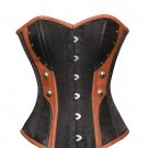 Black Satin & Brown Leather Steampunk Bustier Waist Training Overbust Corset Top