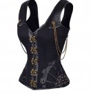 Black Satin Leather Shoulder Straps Steampunk Waist Training Overbust Corset Top