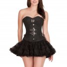 Black Brocade Leather Work Gothic Halloween Costume Bustier Overbust Corset Top