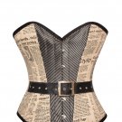 Retro Vintage Newspaper Print Cotton & Satin Central Panel Overbust Corset Top