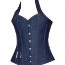 Blue Denim Halter Neck Gothic Steampunk Waist Training Overbust Corset Top