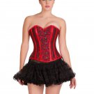 Red Black Brocade Leather Strips Gothic Overbust Costume Tutu Skirt Corset Dress
