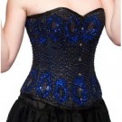 Blue Satin With Black Handmade Sequins Burlesque Bustier Overbust Corset Costume
