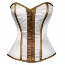 White Satin Brown Stripes Goth Burlesque Waist Training Overbust Corset Costume
